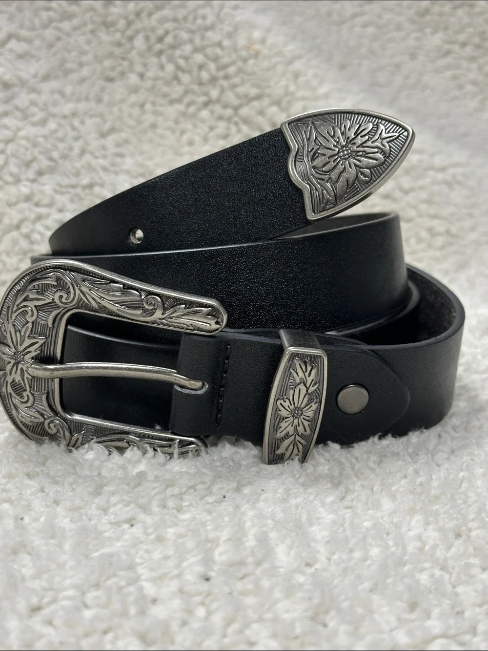 Ssumday Black Western Leather (?)   Belt Engraved Silver Cowgirl Buckle XL